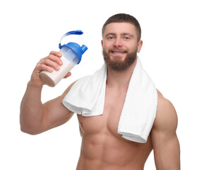 Poster - Young man with muscular body holding shaker of protein and towel on white background