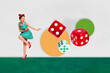 © deagreez - Horizontal retro photo collage of young overjoyed girl dance at party event play board game throw dice casino on white background