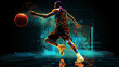 Digital illustration of basketball player in abstract background with glowing particles and lines