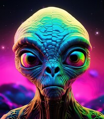 Cartoon alien with big eyes on a colourful otherworldly background