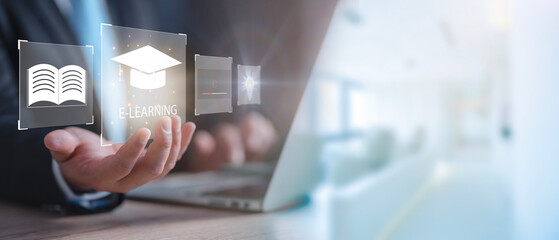 Fototapete - Concept of Online education. man use Online education training and e-learning webinar on internet for personal development and professional qualifications. Digital courses to develop new skills.