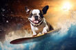 Happy Boston Terrier dog surfing on a surfboard on a wave in the ocean on Sunset, concept freedom and adventure.