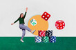 © deagreez - Horizontal composite photo collage of happy smiley young woman in casual clothes throw dice play casino isolated on white background