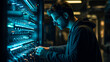 International Internet Day, IT specialists confer at a meeting and discuss news in the computer industry, a man with a tablet checks the server room. Concept network, artificial intelligence, . genera