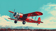 Red vintage plane flying in the blue sky