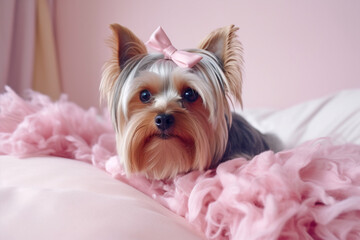 Wall Mural - Cute Yorkshire Terrier dog with long fur and ribbon lying on pink couch. 