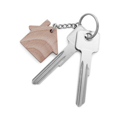 Wall Mural - Keys with keychain in shape of house isolated on white, top view