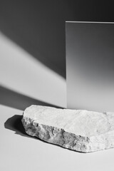 Poster - Flat stone pedestal, black and white template, banner background. Minimalism concept, empty podium display product, presentation scene.