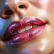 Sexy geöffneter Mund einer Frau mit pinken Lippenstift und großartigen Makeup in Nahaufnahme als Poster, ai generativ