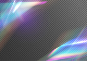 Poster - Crystal light leak effect for photo overlay. Ethereal Lens rainbow light streak transparent effect. Vector illustration. Iridescent crystal leak glare reflection effect. 
