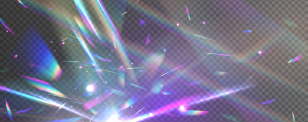 Poster - Overlay rainbow effect, prism crystal light refraction. Cool abstract blue holographic background of diagonal stripes in places with blur