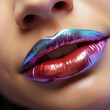 Sexy geöffneter Mund einer Frau mit pinken Lippenstift und großartigen Makeup in Nahaufnahme als Poster, ai generativ