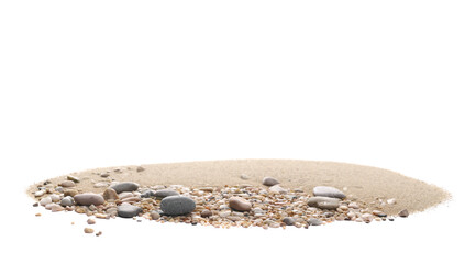 Poster - Sand pile scatter with small pebbles isolated on white background and texture, clipping path, side view