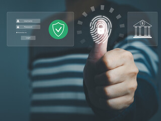 Wall Mural - log in with fingerprint biometrics, access to bank information too signing in by verifying your iden