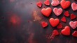 © Matthew - Top view background for Valentine's, love, wedding, and birthday greeting cards featuring a close-up of red heart-shaped cookies on a textured table. Flat lay, top view.