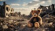 A scene of desolation with destroyed city buildings, capturing the emotional impact as a teddy bear sits amidst the bombed ruins.