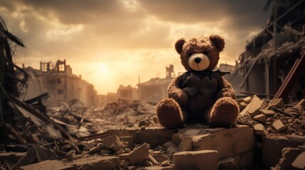 Wall Mural - A scene of desolation with destroyed city buildings, capturing the emotional impact as a teddy bear sits amidst the bombed ruins.