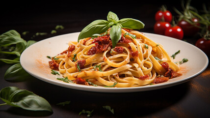 Italian pasta with sun dried tomatoes and basil	