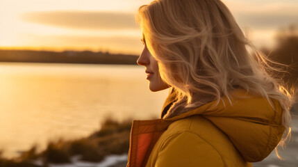 Wall Mural - Close up side view photography of a carefree beautiful young woman with blonde hair wearing a yellow jacket and looking at an autumn day sunset near the lake water