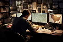 This Compelling Photo Captures A Private Investigator In Action, Diligently Conducting Background Research On An Individual. The Image Showcases The Investigator Utilizing Various Resources