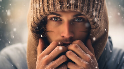 Wall Mural - Close up photography of a handsome young man with the beard looking at the camera, wearing a jacket, a scarf, and a cap, warming up in cold winter season weather outdoors