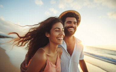 Wall Mural - young indian couple enjoying at sea beach