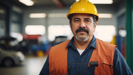 Wall Mural - Industry worker in orange vest and hardhat. Mexican foreman face portrait, generated by AI