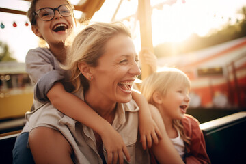 A mother and child ride a roller coaster at an amusement park, experiencing excitement, joy, laughter and fun. Summer day.