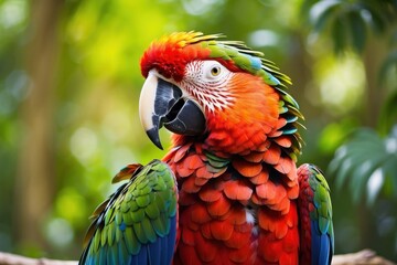 Wall Mural - Beautiful brazilian macaw parrot in front, blurred tropical green background. Ara parrot face portrait in wildlife. Exotic bird in jungle, generated by AI