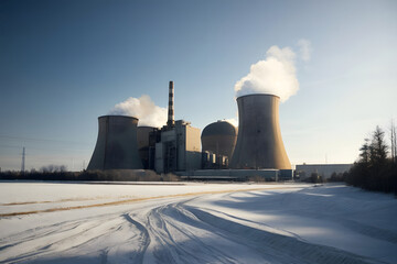 Power plant with smoking chimneys on a background of blue sky.