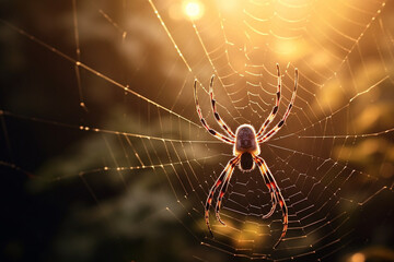 A spider on a web on the sunset in forest