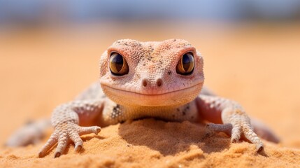 Wall Mural - Sand gecko Stenodactylus petrii sunbathing, Sand gecko basking in the sand, Closeup head sand .