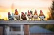 group of chickens perched on fence at sunset