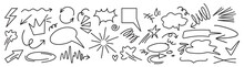 Charcoal Pen Liner Doodle Elements, Crown, Emphasis Arrow, Speech Bubble, Scribble. Handdrawn Cute Cartoon Pencil Sketches Of Decorative Icons. Vector Illustration
