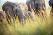 herd of elephants encircling a calf in savannah grass