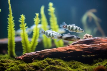 Poster - zebra danios darting above a mossy substrate