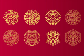 Poster - Set of 8 islamic golden ornaments on red background in vector. Circular ornamental arabic symbols. Abstract Asian elements of the national pattern of the ancient nomads of the Kazakhs, Tatars, Kyrgyz