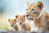 Fototapeta  - lioness gazing ahead with cubs by her side