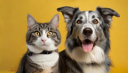 Wall Mural - grey striped tabby cat and a border collie dog with happy expression together on yellow background