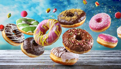 Wall Mural - flying donuts mix of multicolored doughnuts ai generated image