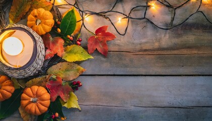 Wall Mural - rustic fall background of autumn leaves and decorative lights over a rustic background of barn wood image shot from overhead