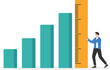 © WS DESIGN - Business benchmark measurement, KPI, key performance indicator to evaluate success, improvement or business growth concept, businessman and woman help using measuring tape to measure bar graph.