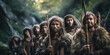 group of prehistoric humans, with a mix of primitive tools and expressions, showcasing the early stages of human evolution in a jungle setting.