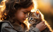 Tender Moment Between a Child and a Kitten as They Touch Noses in a Soft Sunset Light