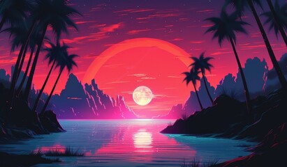 Wall Mural - Synth wave retro landscape background with sunset
