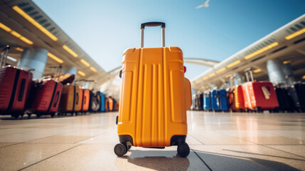 Sticker - A yellow suitcase sitting on a tiled floor in an airport, AI