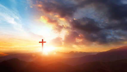 Poster - Cross of Jesus Christ on the background of the sunset sky with clouds