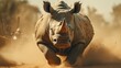 A rhino running through a dust cloud in the desert, AI