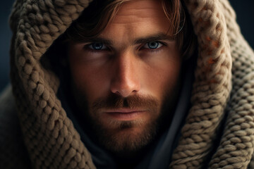 Generative AI photo handsome confident guy wrapped in warm blanket