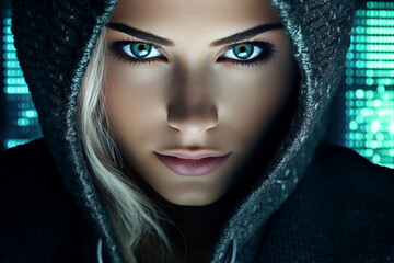 Generative AI portrait hacker in dark room secret organization community specialists